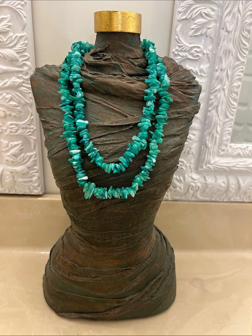 Vintage Green Shell Beaded Double-Strand Necklace - Teal Green